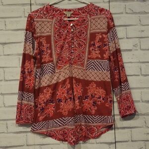 Lucky Brand Women's Size M Knit Top Red Boho Style Button Front Long Sleeve
